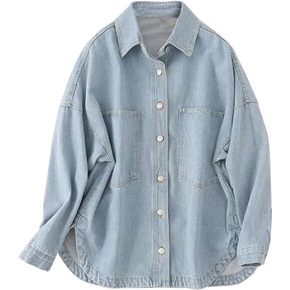 Jackets & Blazers - Women Denim Shacket Light Blue Oversized Button Long Sleeve Casual Jacket